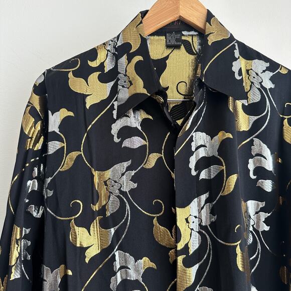 Vintage Silk Shirt Men Small Metallic Rave Disco Glam Club Baroque 90s Statement - Picture 4 of 13